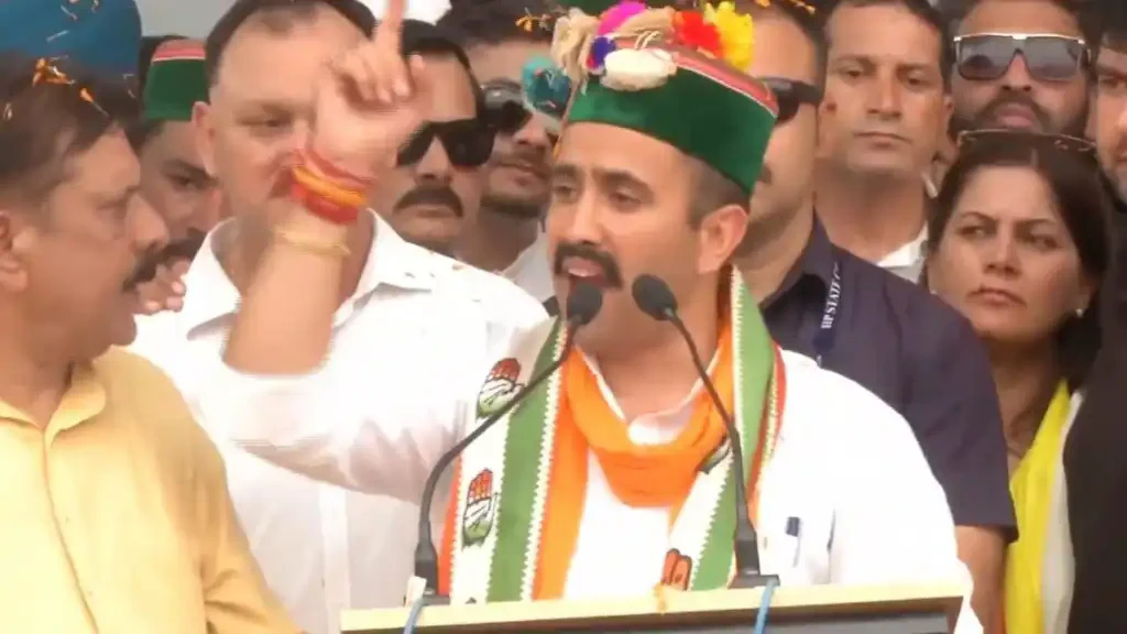 Congress candidate Vikramaditya Singh in a political rally after filling his nomination from Mandi.