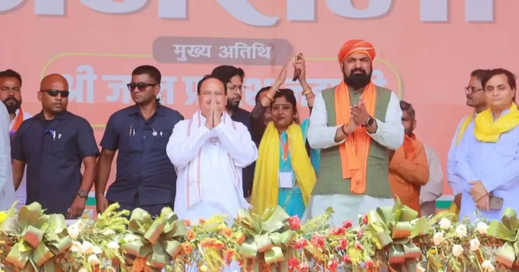 National President JP Nadda and Deputy Chief Minister of Bihar and State President of BJP, Samrat Chaudhary in a political rally.