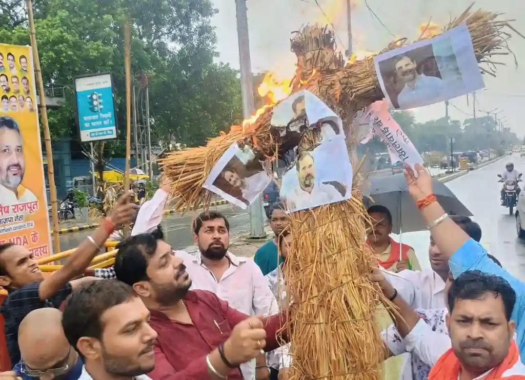Bharatiya Janata Yuva Morcha workers burning Rahul Gandhi's effigy.
